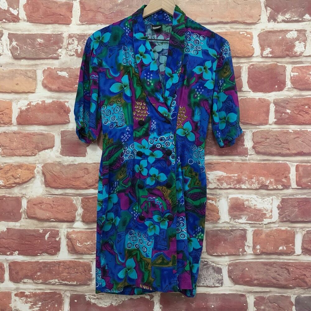 Vintage Knapp Studio Dress Women's Small Multicolor Floral Abstract Button Front
